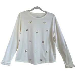 Talbots Plus X Womens Cream Sequin Bow Pullover Blouse